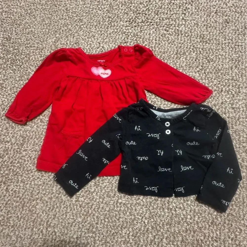 Bundle of 2 Carter's Baby Girl Long Sleeve Tops Red Be Mine Black 6 Months